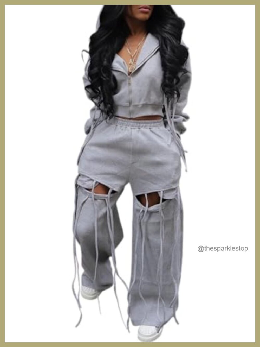 Women 2 Piece Hoodie Sweatsuit Set Wide Leg Ripped Pants Tracksuit